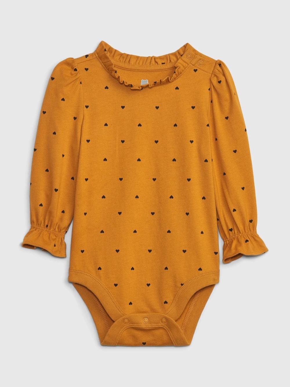 GAP Baby Longsleeve Bodysuit with Black Heart Accents, Mustard, Snap Closures